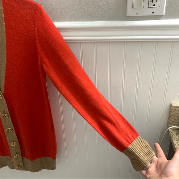 TORY BURCH Red Orange Tan Colorblock Merino Wool Knit Cardigan XS 30123102 - Picture 5 of 13